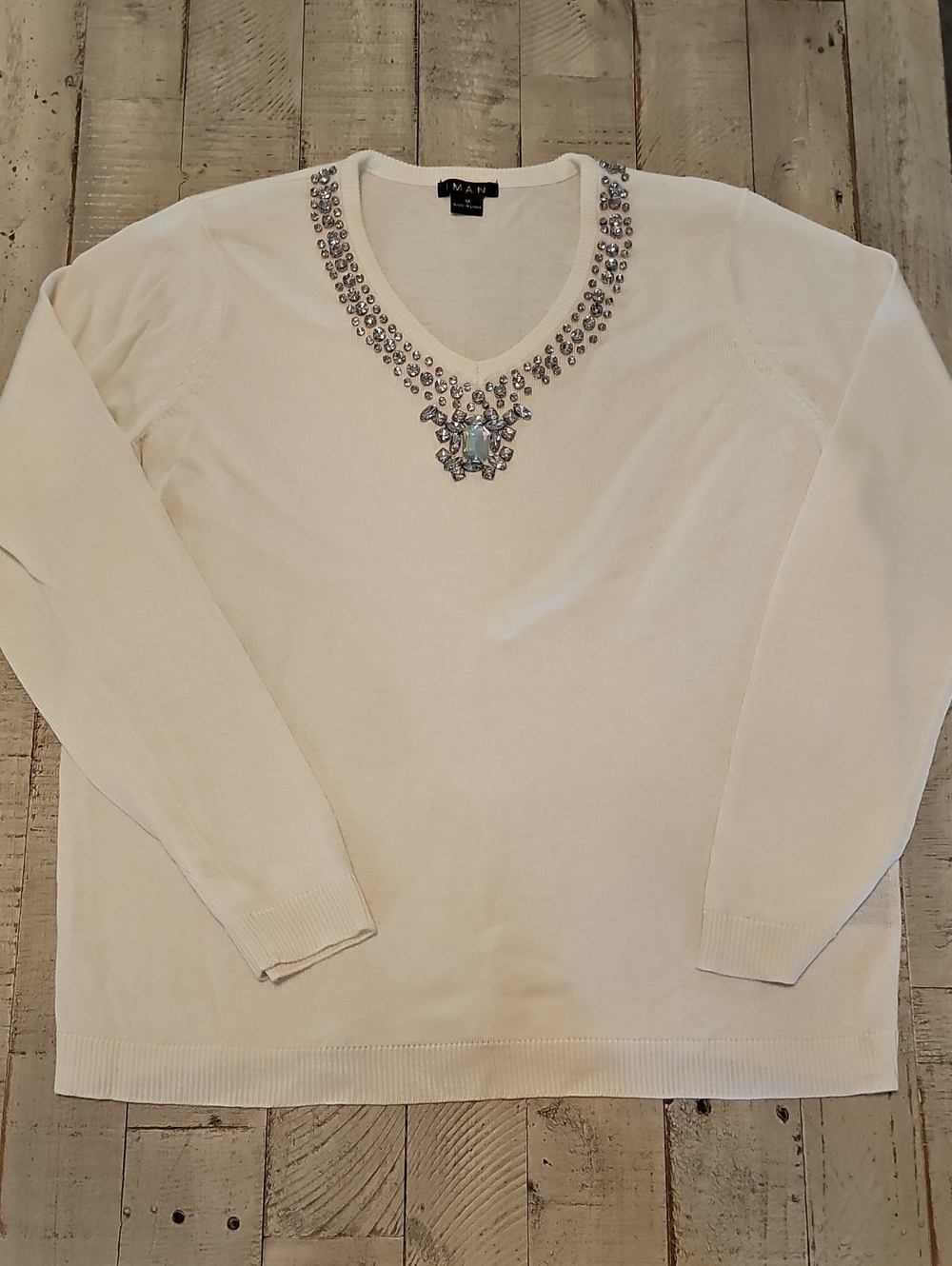 IMAN Cream Knit V-Neck Sweater with Embellished Neckline